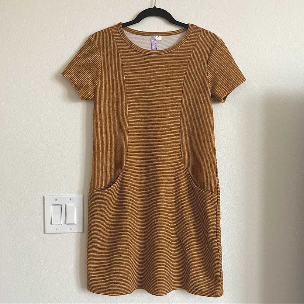 Alya Burned Orange and White Stripes Short Sleeve Relaxed Fit Dress with Pockets